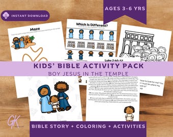 Boy Jesus in the Temple Kids Bible Activity Pack, Preschool Sunday School Lesson, Christian Homeschool Printable