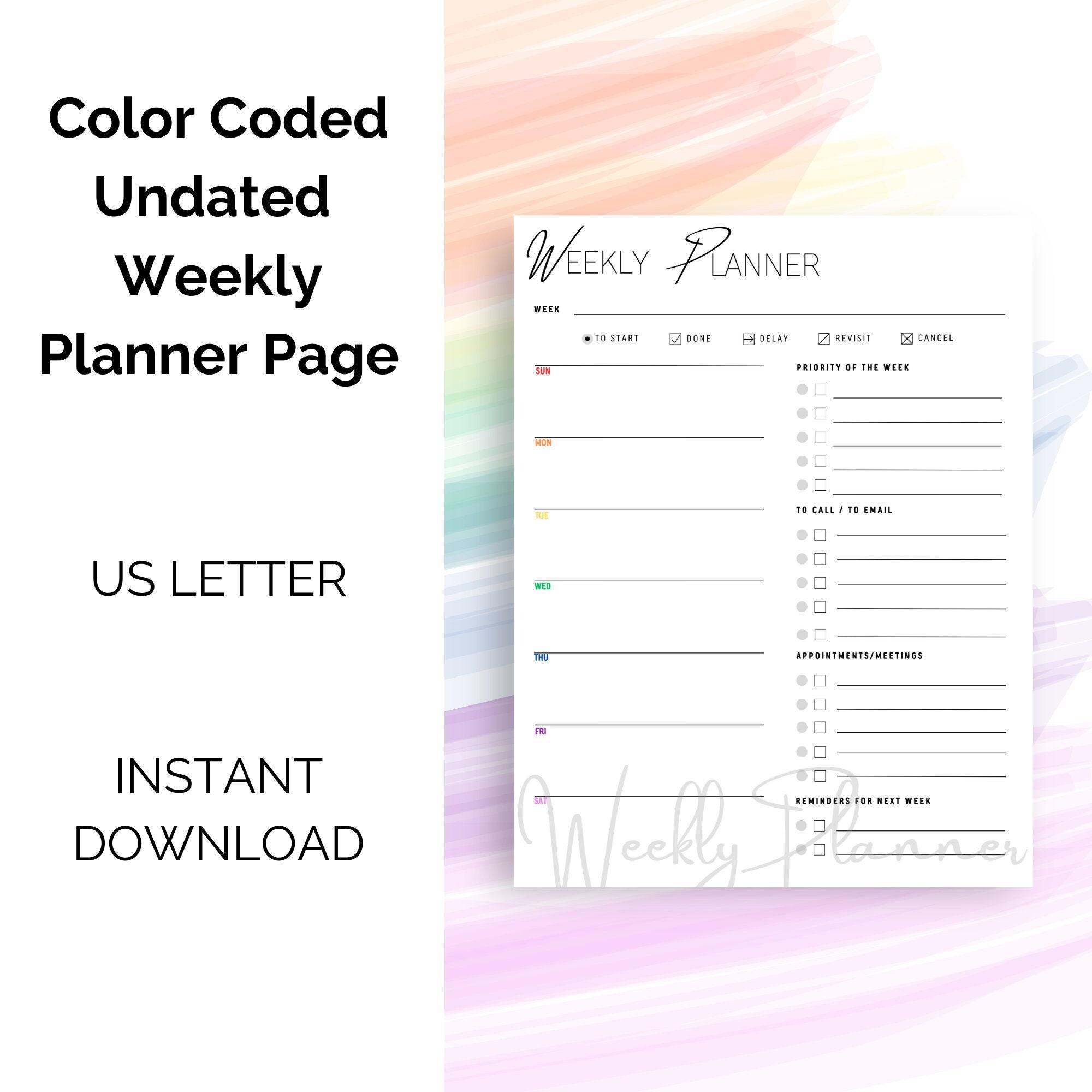 Color Coded Weekly Undated Printable Planner Page - Etsy