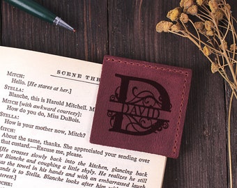 Leather corner bookmark, Custom engraving, Monogrammed Bookmark, Bookworm gift, Red Wine genuine leather, Gift for Readers, Personalized