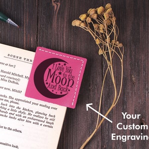 Pink leather corner book, Valentine&#39;s Day Gift, Leather Corner Bookmark, Book Lover Gift, I love you to the moon and back, Small Cute Gift