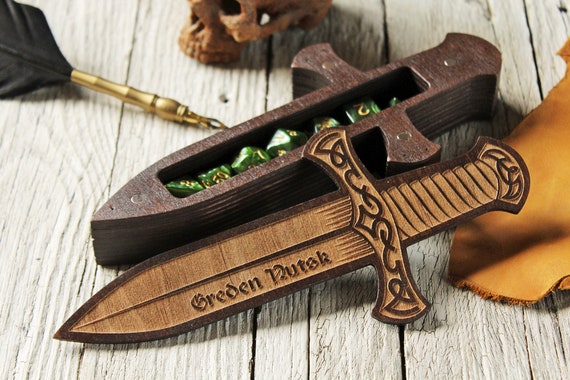 Personalized Sword Dice Box: Wooden DnD Dice Case