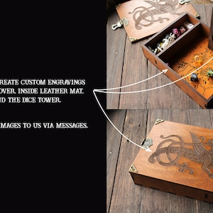 May include: A wooden box with a hinged lid and a dice tower. The box has an intricate design of a mythical creature engraved on the lid. The box is open, revealing a leather mat with a map design and a dice tower.