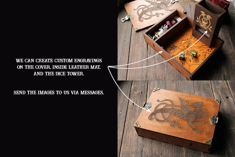 May include: A wooden box with a hinged lid and a dice tower. The box has an intricate design of a mythical creature engraved on the lid. The box is open, revealing a leather mat with a map design and a dice tower.