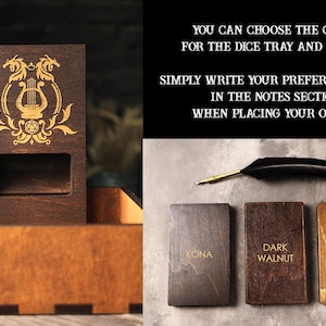 May include: A wooden dice tower and tray with a gold lyre design. The tower has a slot for dice to roll out. The tray is made of wood and has a dark stain. The tower and tray are available in Kona, Dark Walnut, and Walnut.