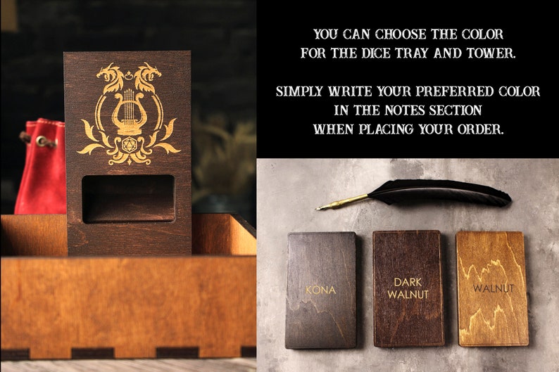 May include: A wooden dice tower and tray with a gold lyre design. The tower has a slot for dice to roll out. The tray is made of wood and has a dark stain. The tower and tray are available in Kona, Dark Walnut, and Walnut.