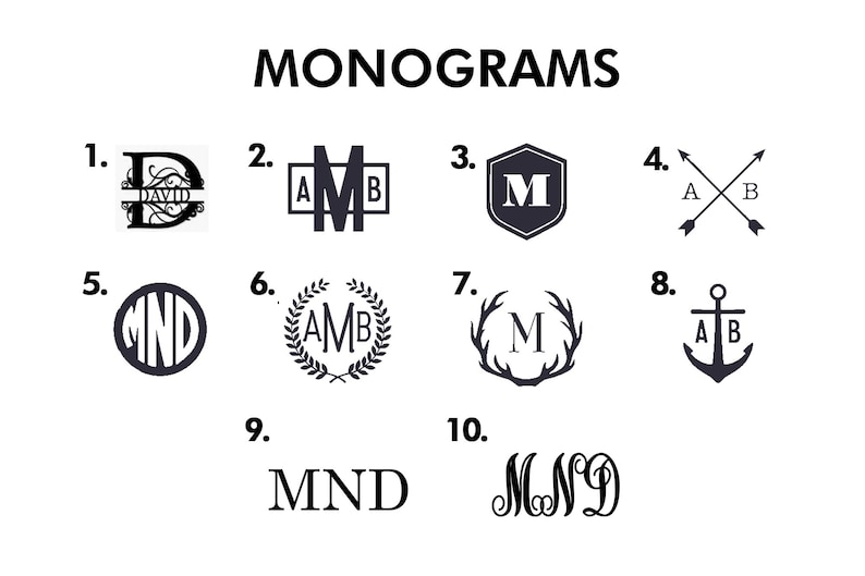 K&ouml;nnte beinhalten: Eine Grafik mit 10 verschiedenen Monogramm-Designs. Die Designs umfassen eine Vielzahl von Schriftarten, Stilen und Symbolen. Die Designs sind von 1 bis 10 nummeriert.