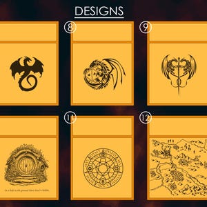 May include: Six different designs for a set of dice bags. The designs include a dragon, a dragon with a die, two dragons with a sword, a hobbit hole, a magic circle, and a map.