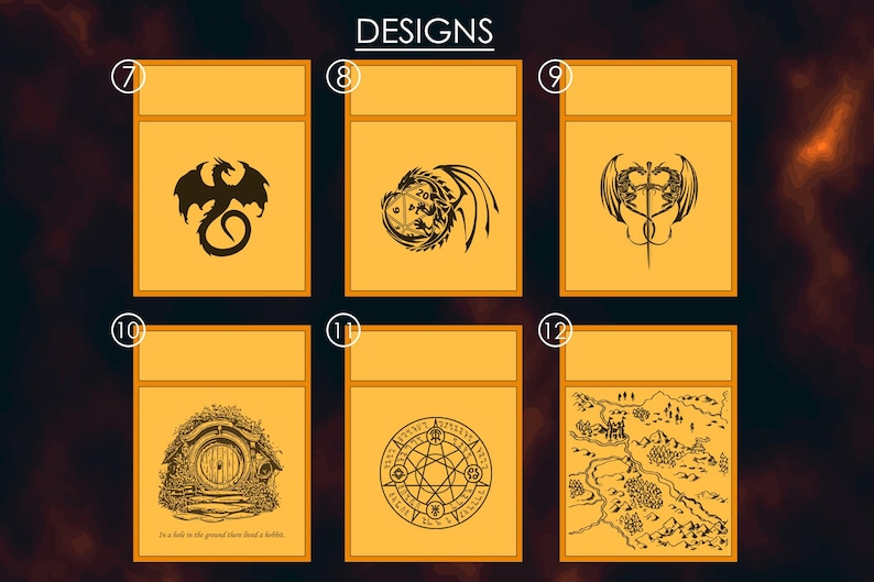 May include: Six different designs for a set of dice bags. The designs include a dragon, a dragon with a die, two dragons with a sword, a hobbit hole, a magic circle, and a map.