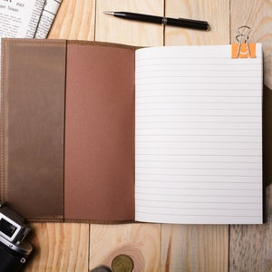 May include: A brown leather bound journal with a lined notebook inside. The journal is open and lying flat on a wooden surface. A pen, a paperclip, and a camera are also visible in the image.