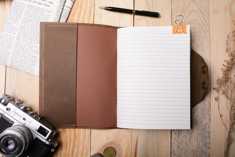 May include: A brown leather bound journal with a lined notebook inside. The journal is open and lying flat on a wooden surface. A pen, a paperclip, and a camera are also visible in the image.