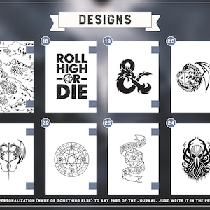 Op de afbeelding: Een verzameling zwart-wit ontwerpen, waaronder een kaart, de tekst "ROLL HIGH OR DIE", een draak en andere fantasie-illustraties. Het woord "DESIGNS" staat bovenaan. De tekst onderaan luidt "WE CAN ALSO ADD PERSONALIZATION".