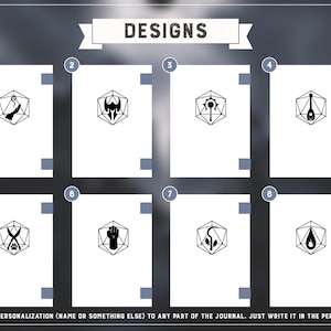 Op de afbeelding: Afbeelding met acht journalontwerpen, elk met een uniek zwart pictogram in een witte zeshoek. Het woord "DESIGNS" staat bovenaan. De tekst onderaan luidt: "WE KUNNEN OOK PERSONALISATIE (NAAM OF IETS ANDERS) TOEVOEGEN AAN ELK DEEL VAN HET JOURNAL. SCHRIJF HET GEWOON IN HET PERSONALISATIEVAK."