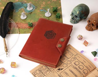 May include: A red leather-bound journal with a D20 symbol, dice, miniature figures, a map, and a quill pen. Two decorative skulls and various polyhedral dice are scattered around the journal, suggesting a tabletop role-playing game theme.