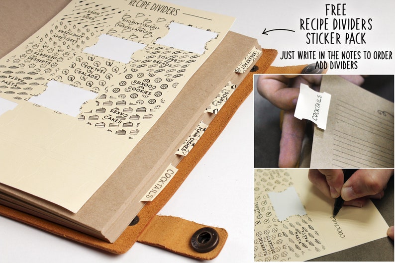 K&ouml;nnte beinhalten: Eine Nahaufnahme eines Rezeptbuchs mit einem Satz Rezept-Trennbl&auml;tter. Die Trennbl&auml;tter sind aus Papier und haben verschiedene Designs, darunter Kuchen, Kekse und Cocktails. Der Text "FREE RECIPE DIVIDERS STICKER PACK" steht auf der Seite. Der Text "JUST WRITE IN THE NOTES TO ORDER ADD DIVIDERS" steht ebenfalls auf der Seite.
