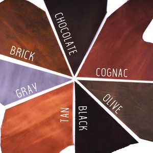 K&ouml;nnte beinhalten: Lederproben in verschiedenen Farben, darunter Ziegel, Grau, Braun, Schwarz, Oliv, Cognac und Schokolade.