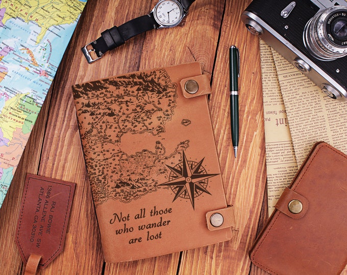 Not all who wander are lost | Custom leather journal | World map travel journal | A5 Notebook | 180 lined pages | Personalized sketchbook