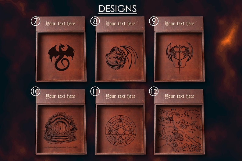 May include: Six different designs for a wooden tray with a leather insert. The designs include a dragon, a dragon with a crown, two dragons intertwined, a hobbit hole, a circle with a pentagram, and a map. Each tray has a space for text at the top.