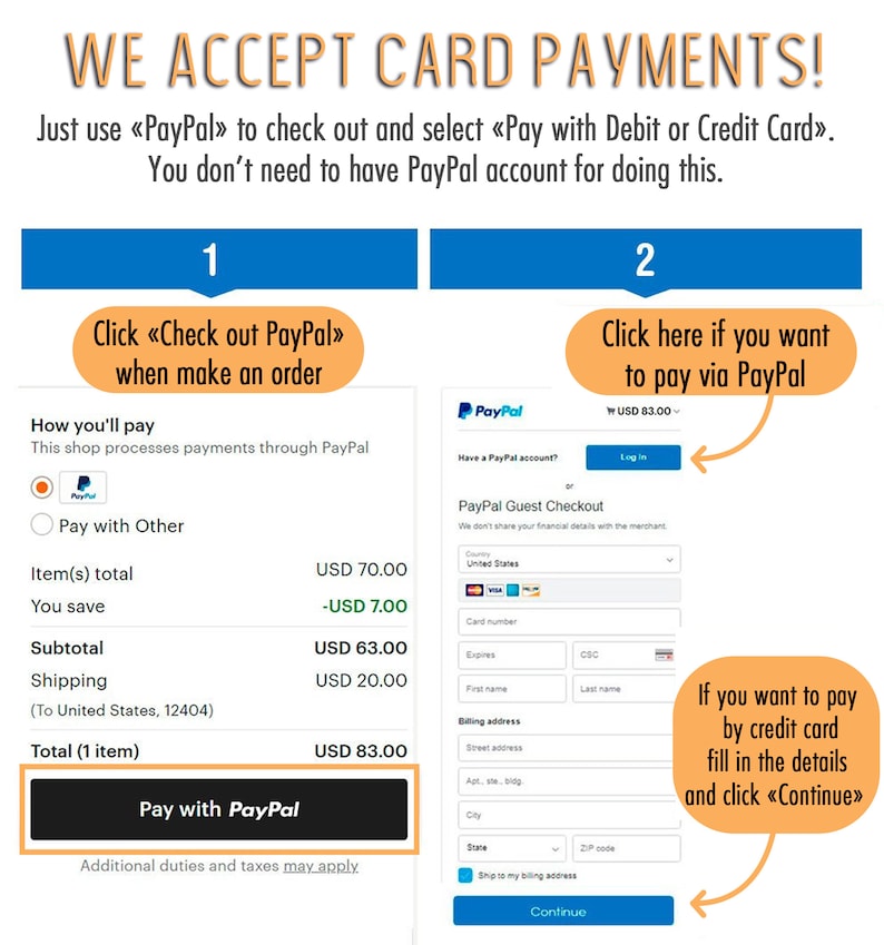 May include: A screenshot of a website showing two ways to pay for an order. The first option is to click "Check out PayPal" and the second option is to pay with a credit card. The total cost of the order is $83.00.