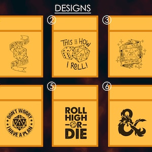 May include: Six different designs for a set of dice bags. Each design features a different graphic related to Dungeons and Dragons, including a dice with a ribbon, two dice, a dice with a wreath, a dice with a star, a dice with a skull, and a dragon.