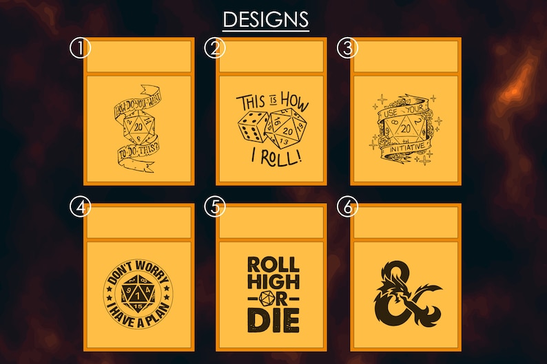 May include: Six different designs for a set of dice bags. Each design features a different graphic related to Dungeons and Dragons, including a dice with a ribbon, two dice, a dice with a wreath, a dice with a star, a dice with a skull, and a dragon.