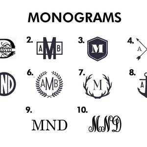 May include: A graphic showing 10 different monogram designs. The designs include a variety of fonts, styles, and symbols. The designs are numbered 1 through 10.