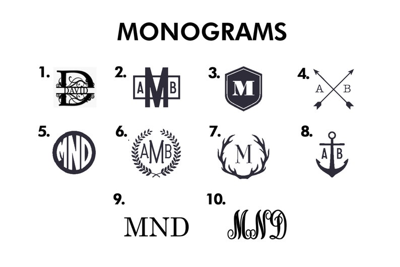 May include: A graphic showing 10 different monogram designs. The designs include a variety of fonts, styles, and symbols. The designs are numbered 1 through 10.
