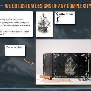 May include: Custom DnD screen with a ship engraving and the text "Your journey begins where the map ends." The black screen features decorative corner patterns. A skull, dice, and a scroll are also visible.