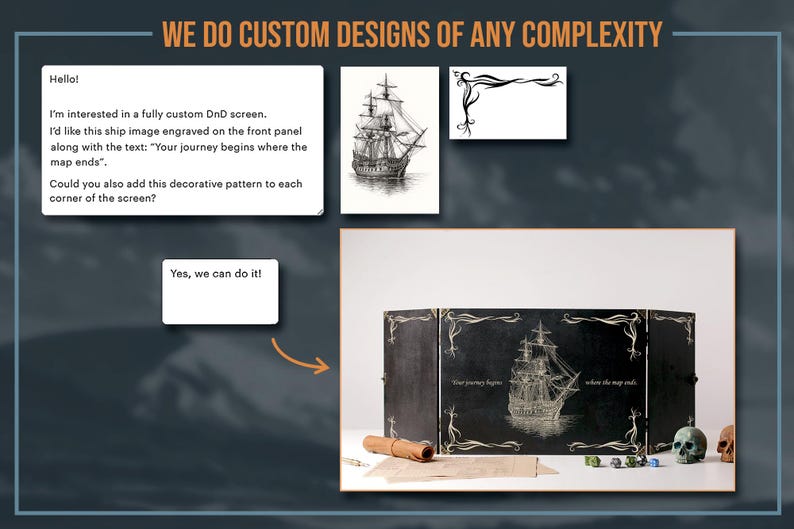 May include: Custom DnD screen with a ship engraving and the text "Your journey begins where the map ends." The black screen features decorative corner patterns. A skull, dice, and a scroll are also visible.