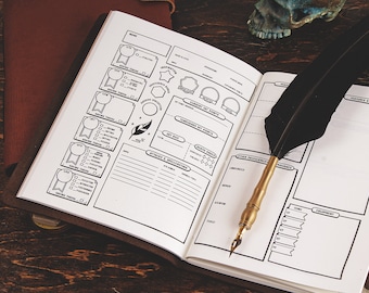 May include: A blank character sheet for a role-playing game, with sections for name, stats, skills, and equipment. A black feather quill pen with a gold nib is lying on the page.