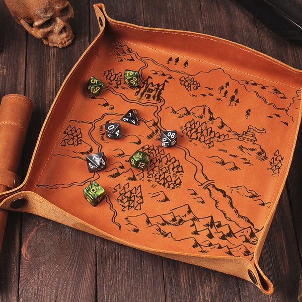 Bandeja de dados de cuero personalizada: Bandeja de dados grabada para juegos de rol de mesa