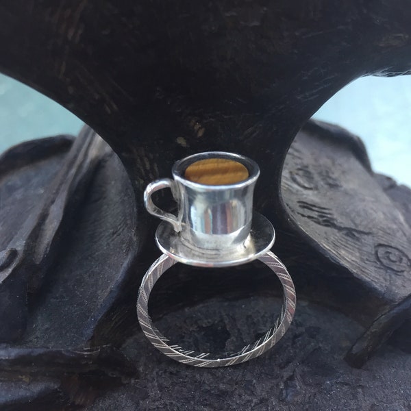 Coffee cup ring, tiger eye ring, sterling, coffee gift, anniversary gift, joke gift, gift for her, college gift, tea lovers gift, hand made