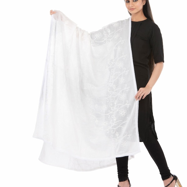 Pure Cotton Embroidered Chikankari Dupatta with Four Side Cotton Lace