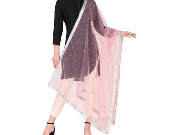 Net Moti Border Crystal Embellished Dupatta with Silver Border, Wedding Dupatta, Lehanga Dupatta, Party Wear Dupatta