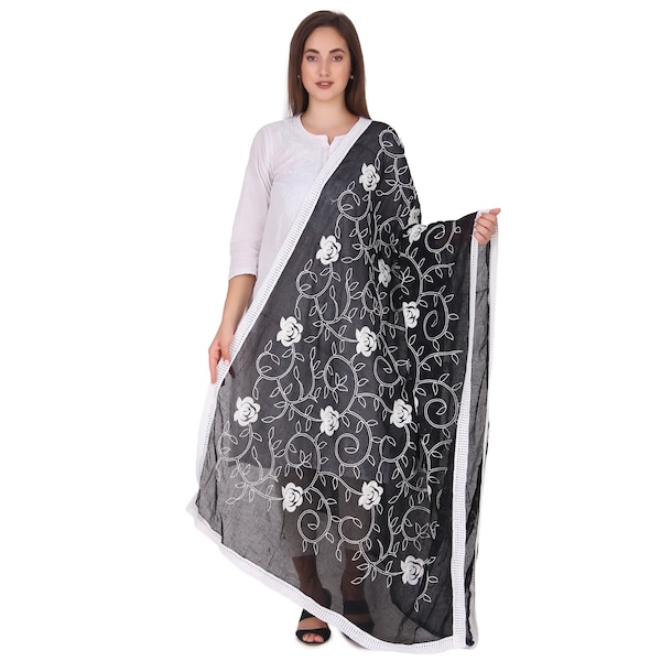 Pure Cotton Black & White Embroidered Chikankari Dupatta with Four Side Cotton Lace