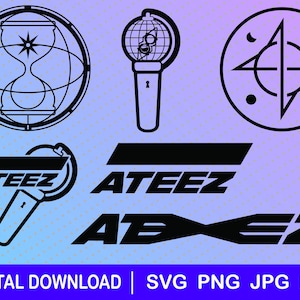 Può includere: File di progettazione di download digitale in bianco e nero per un logo con il testo "ATEEZ" in grassetto. Il logo è un globo stilizzato con una bussola e una stella all'interno. Il design è perfetto per creare t-shirt, tazze, adesivi e altri prodotti.