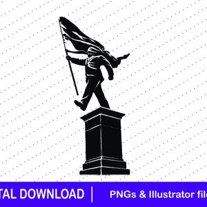 May include: A black and white illustration of a person holding a flag atop a pedestal. The person is walking forward, flag billowing behind them. The image includes the text "DIGITAL DOWNLOAD | PNGs & Illustrator files".