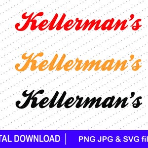 Op de afbeelding: Drie gevallen van het woord "Kellerman's" in een scriptlettertype, elk in een andere kleur: rood, oranje en zwart. De woorden staan op een witte achtergrond met een stippenpatroon. De onderkant van de afbeelding bevat de tekst "DIGITALE DOWNLOAD | PNG JPG & SVG-bestanden".