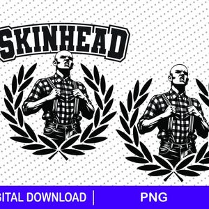 Op de afbeelding: Zwart-witte illustratie van een persoon die een geruit overhemd en bretels draagt, met een lauwerkrans erachter. De tekst "SKINHEAD" staat boven de persoon.