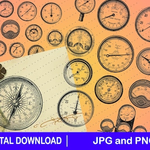 Op de afbeelding: Een verzameling vintage meters en kompassen op een getextureerde achtergrond. De meters tonen verschillende metingen en het kompas heeft richtingmarkeringen. De tekst "DIGITAL DOWNLOAD | JPG and PNG" is inbegrepen.