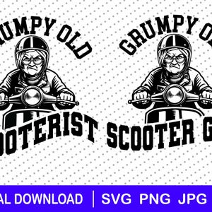 Puede incluir: Ilustración en blanco y negro de una mujer de aspecto gruñón con casco conduciendo un scooter. El texto "Grumpy Old Scooterist" está por encima del scooter y "Scooter Girl" está por debajo del scooter.