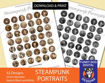 Printable Steampunk portraits 25mm, Steampunk, Junk Journal, Scrapbooking Sheet, Digital Download, Clipart, PDF, JPG, 42 designs, 300 DPI