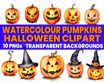 Watercolor Halloween Pumpkins Clipart, png, Halloween graphics, scrapbook, junk journal, Pumpkin clip art illustrations, commercial use