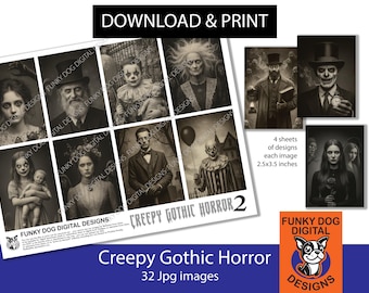 Può includere: Una stampa digitale scaricabile con immagini in seppia di personaggi horror gotici, tra cui clown, un uomo con cilindro e una donna con una bambola. Il testo recita "Creepy Gothic Horror 2" e "Download & Print."