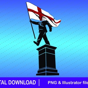 May include: A black and white illustration of a figure holding a flag with a red cross, standing on a black plinth against a blue backdrop. The text "DIGITAL DOWNLOAD" is at the bottom.