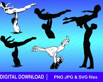 May include: Digital download featuring silhouettes of couples in various dance poses. The image includes a blue background with white dots and text that reads "DIGITAL DOWNLOAD | PNG JPG & SVG files."