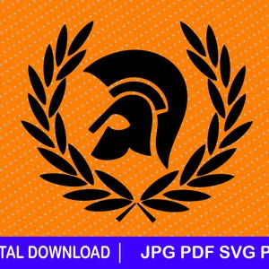 May include: Black Spartan helmet graphic within a laurel wreath on an orange background with white polka dots. The image includes the text "DIGITAL DOWNLOAD | JPG PDF SVG PNG" in a blue bar at the bottom. This design is suitable for digital art or print.