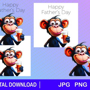 Clipart da scaricare per la festa del papà, Scimpanzé e birra, png, jpg, stampabile, Divertente biglietto per la festa del papà, Buona festa del papà, regalo per papà