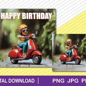 Happy Birthday Girl, Female Scooter clipart download, png, jpg, pdf, Birthday Card, Mod, Scooterist, Vespa, Lambretta, Fun, Scooter Rider,