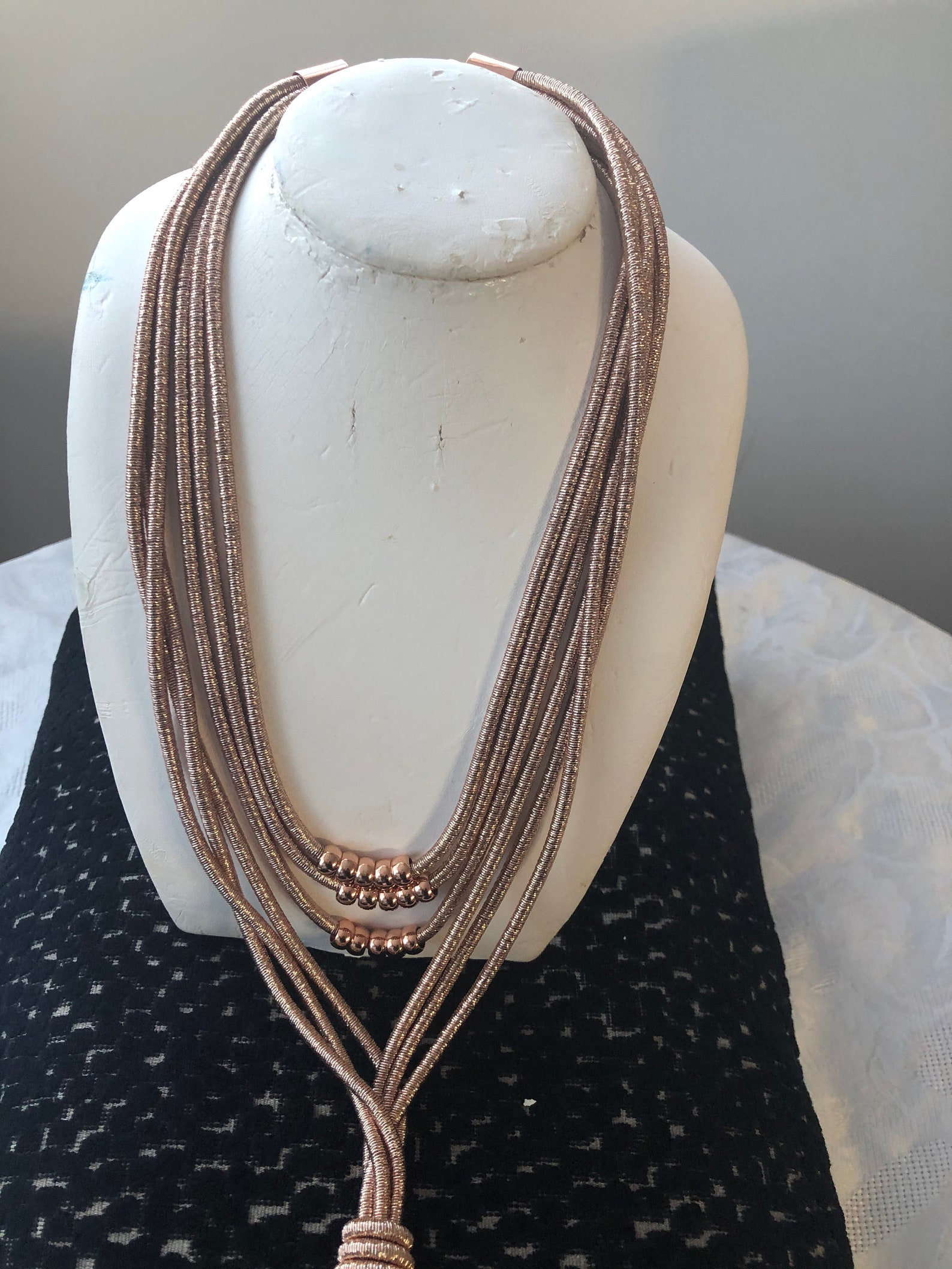 Elegant Long Twine Necklace in Black Sliver and Rose Gold. Etsy UK