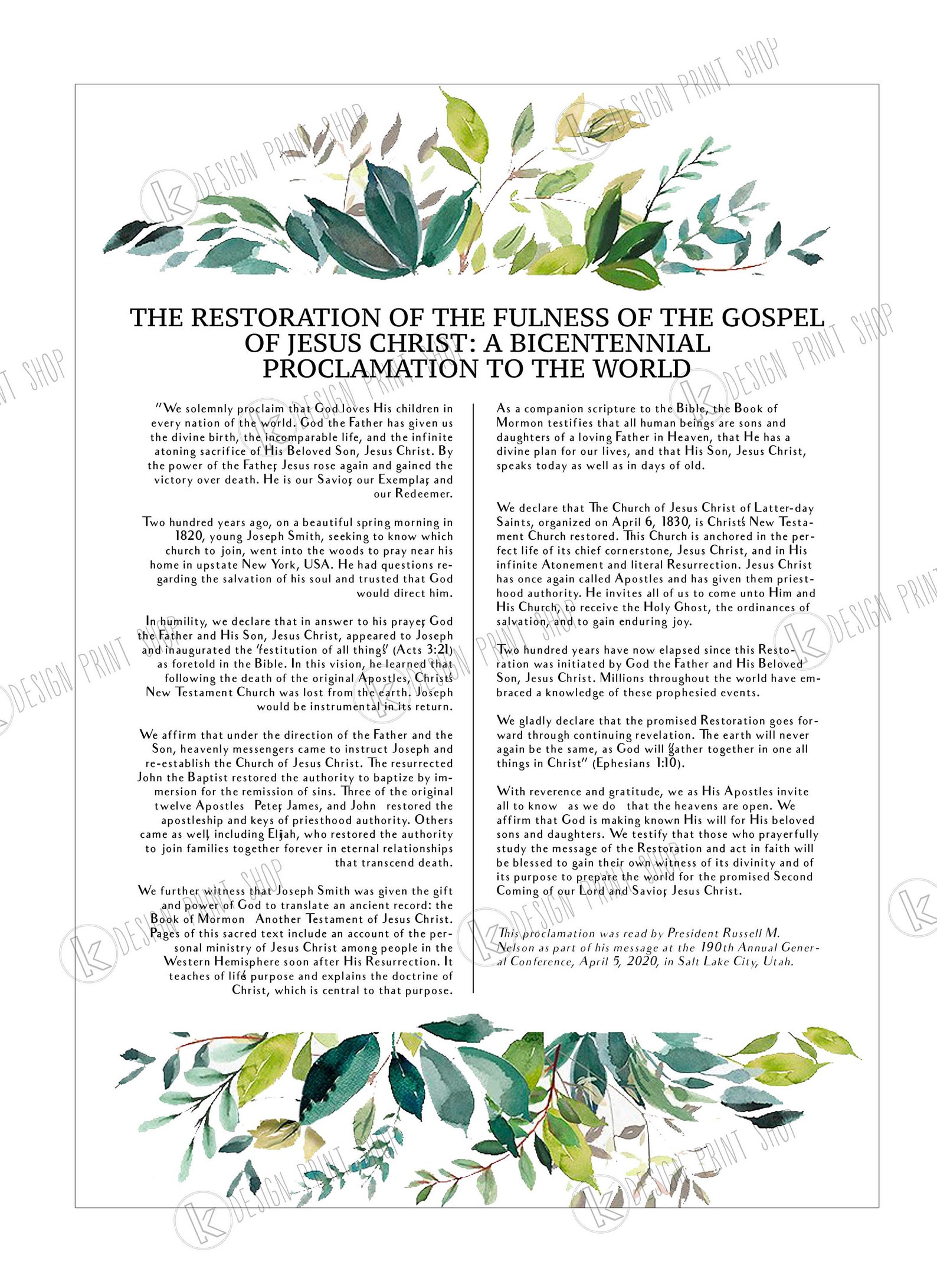 The Restoration of the Fulness of the Gospel of Jesus Christ: A Bicentennial Proclamation to the ...